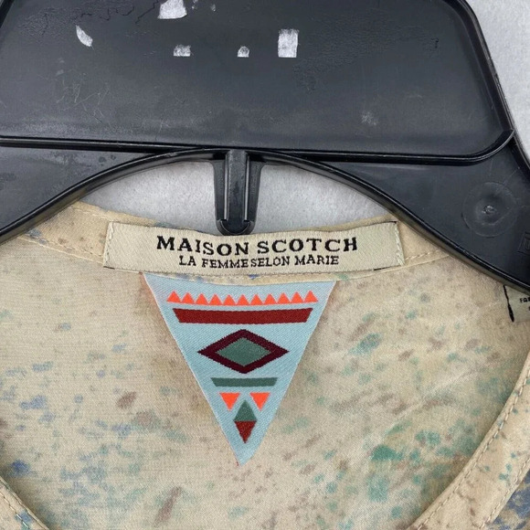 Maison Scotch Tops Womens Sz 2 Beige Green Abstract Long Sleeve Button Up Blouse - Picture 10 of 12